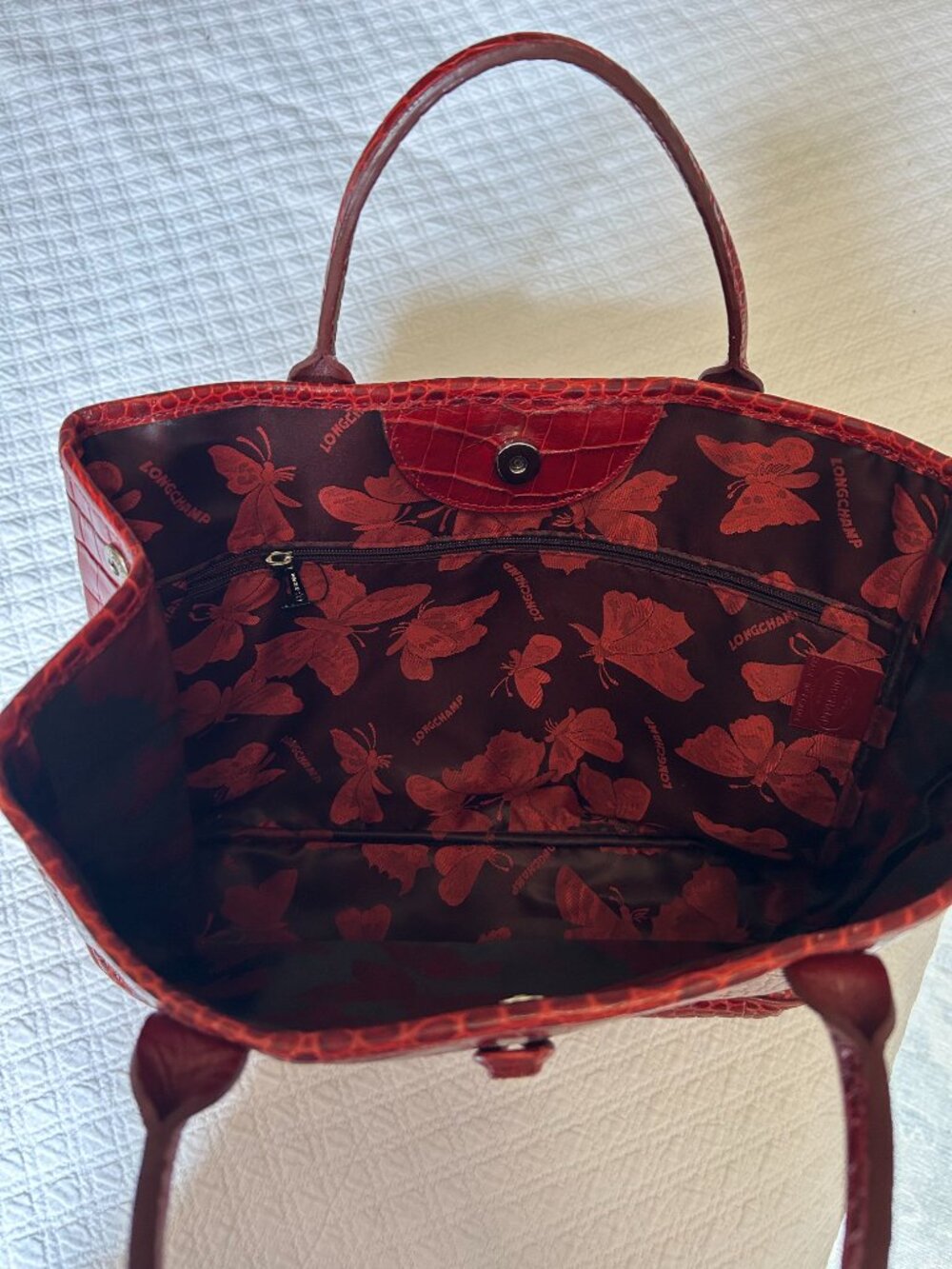NWOT Longchamp Le Roseau Red Croc Embossed Medium Bag - Picture 7 of 7